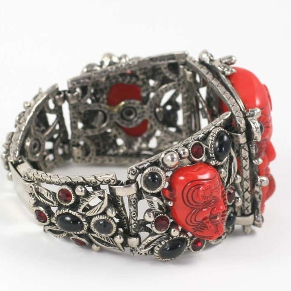 VINTAGE Selro Red Devil Bracelet Japanese Theater Okina Noh Mask Red Warrior - Picture 8 of 10